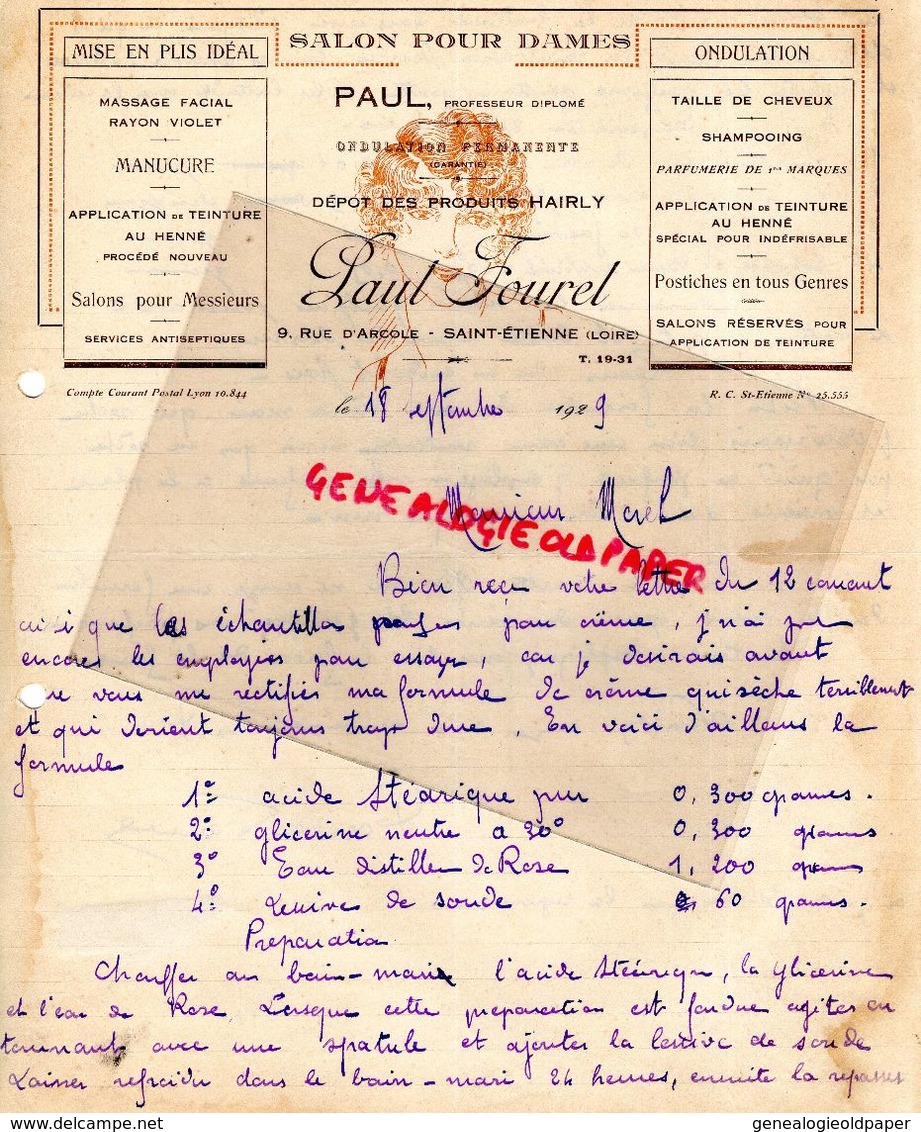 42-ST SAINT ETIENNE-RARE LETTRE MANUSCRITE SIGNEE PAUL FOUREL-COIFFEUR POUR DAMES- COIFFURE MANUCURE-9 RUE ARCOLE-1929 - Artesanos