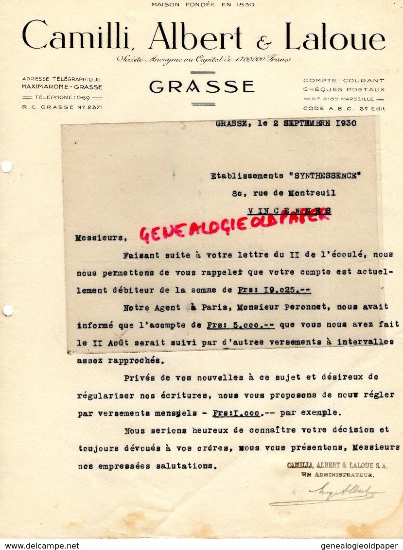 13- GRASSE -LETTRE CAMILLI- ALBERT & LALOUE-MATIERES PREMIERES PARFUMERIE-PARFUM-SAVONNERIE-1930 - Perfumería & Droguería