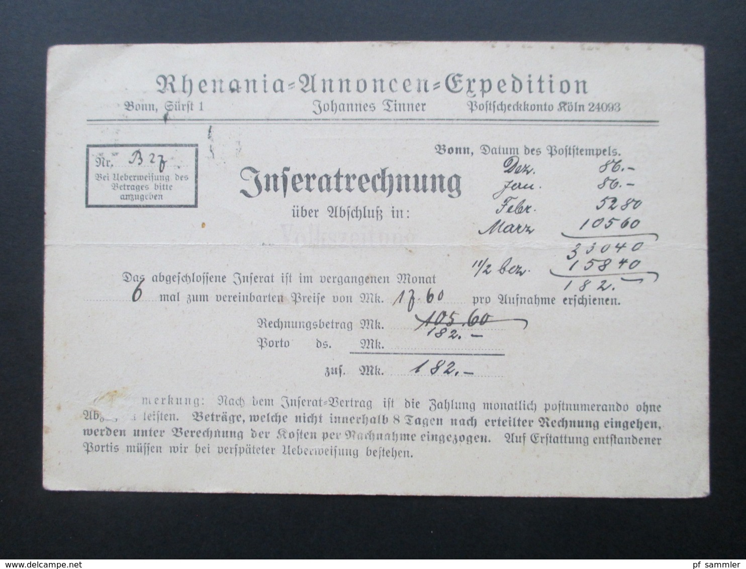 DR Infla 1922 Postkarte 2 Stk. Rhenania Annoncen Expedition Bonn Johannes Tinner. Inseratrechnung! Volkszeitung - Briefe U. Dokumente