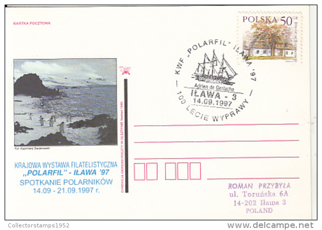 69322- ILAWA POLAR PHILATELIC EXHIBITION, BELGICA SHIP, PENGUINS, SPECIAL POSTCARD, 1997, POLAND - Événements & Commémorations