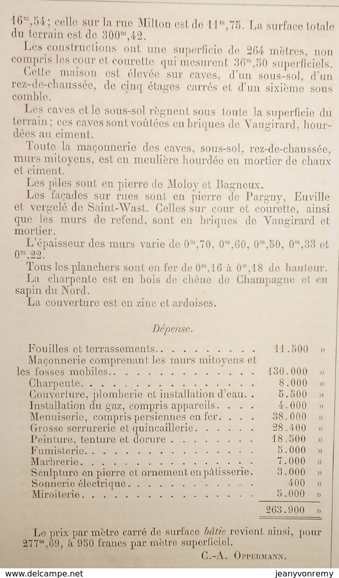 Plan D'une Maison D'angle à Paris, Rue Hippolyte Lebas N°8. 1880. - Arbeitsbeschaffung