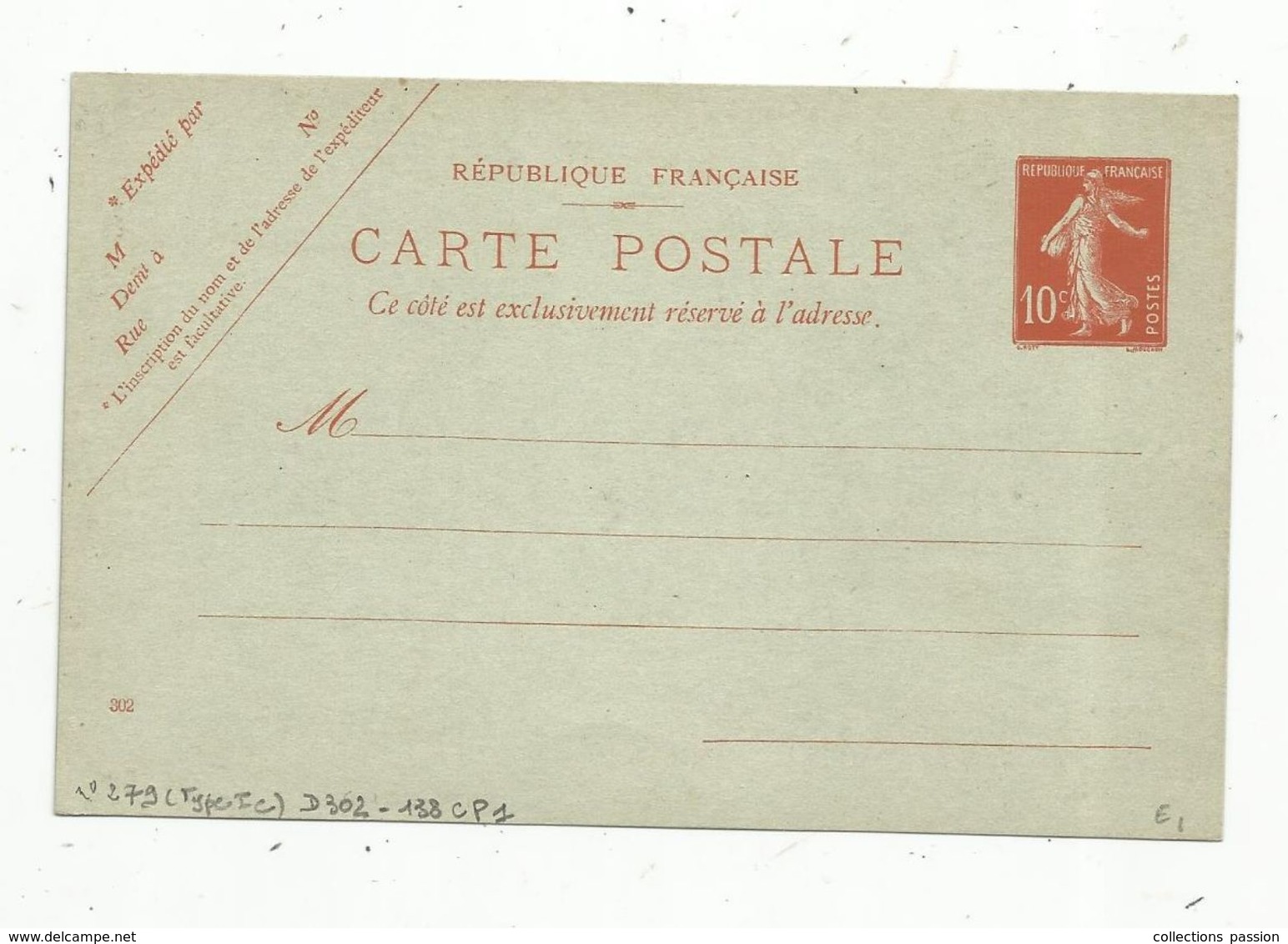 Carte Postale , ENTIER POSTAL NEUF ,  10c - Cartes Postales Types Et TSC (avant 1995)