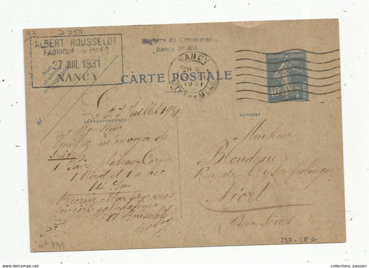 Carte Postale , ENTIER POSTAL , 40c , NANCY , 1931 , Albert ROUSSELOT - Standard Postcards & Stamped On Demand (before 1995)