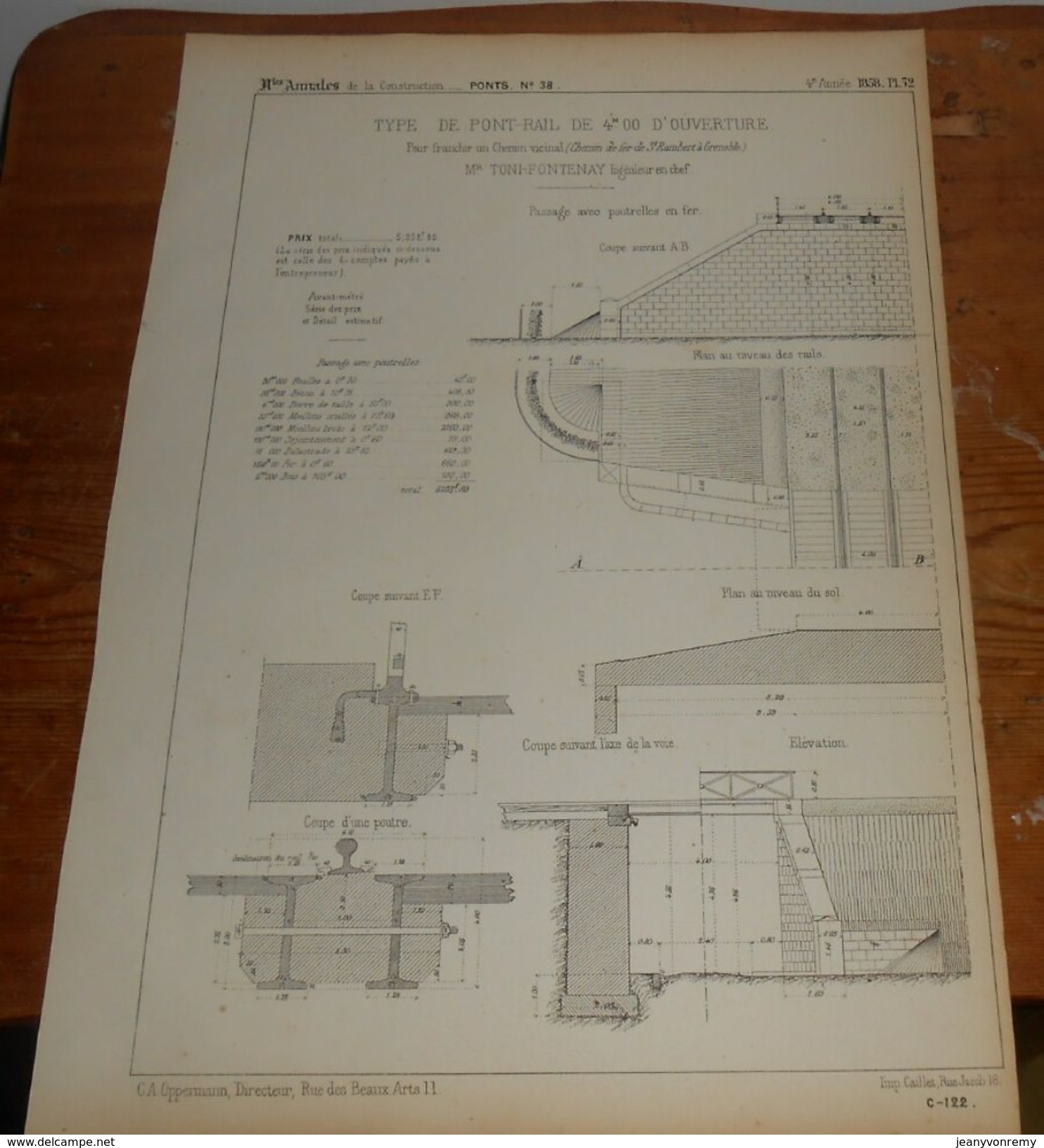 Plan D'un Type De Pont Rail Pour Franchir Un Chemin Vicinal. Chemin De Fer De Saint Rambert à Grenoble 1858 - Public Works