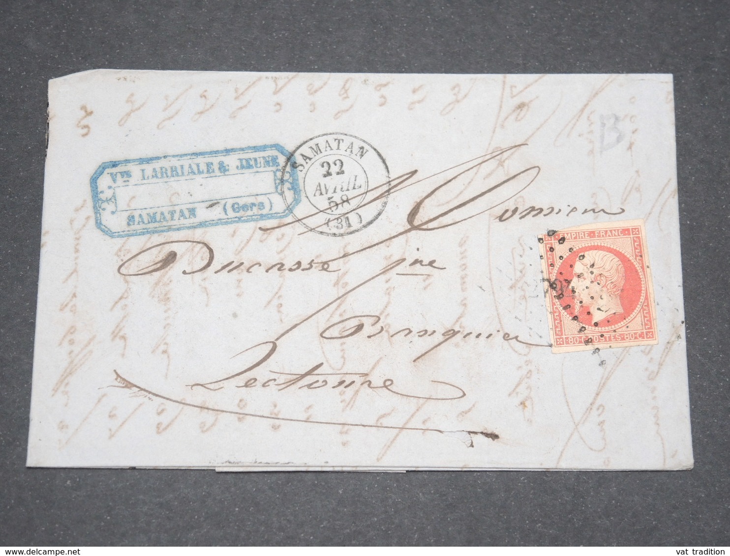 FRANCE - Lettre De Samatan Pour Lectoure En 1858 , Affranchissement Napoléon 80c - L 13260 - 1849-1876: Classic Period