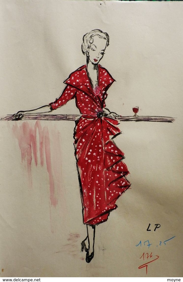 SUPERBE  DESSIN  ORIGINAL  CREATION   De    MODE  "   "    ROBE  ROUGE A POIS BLANC   "  N° 6 - Disegni