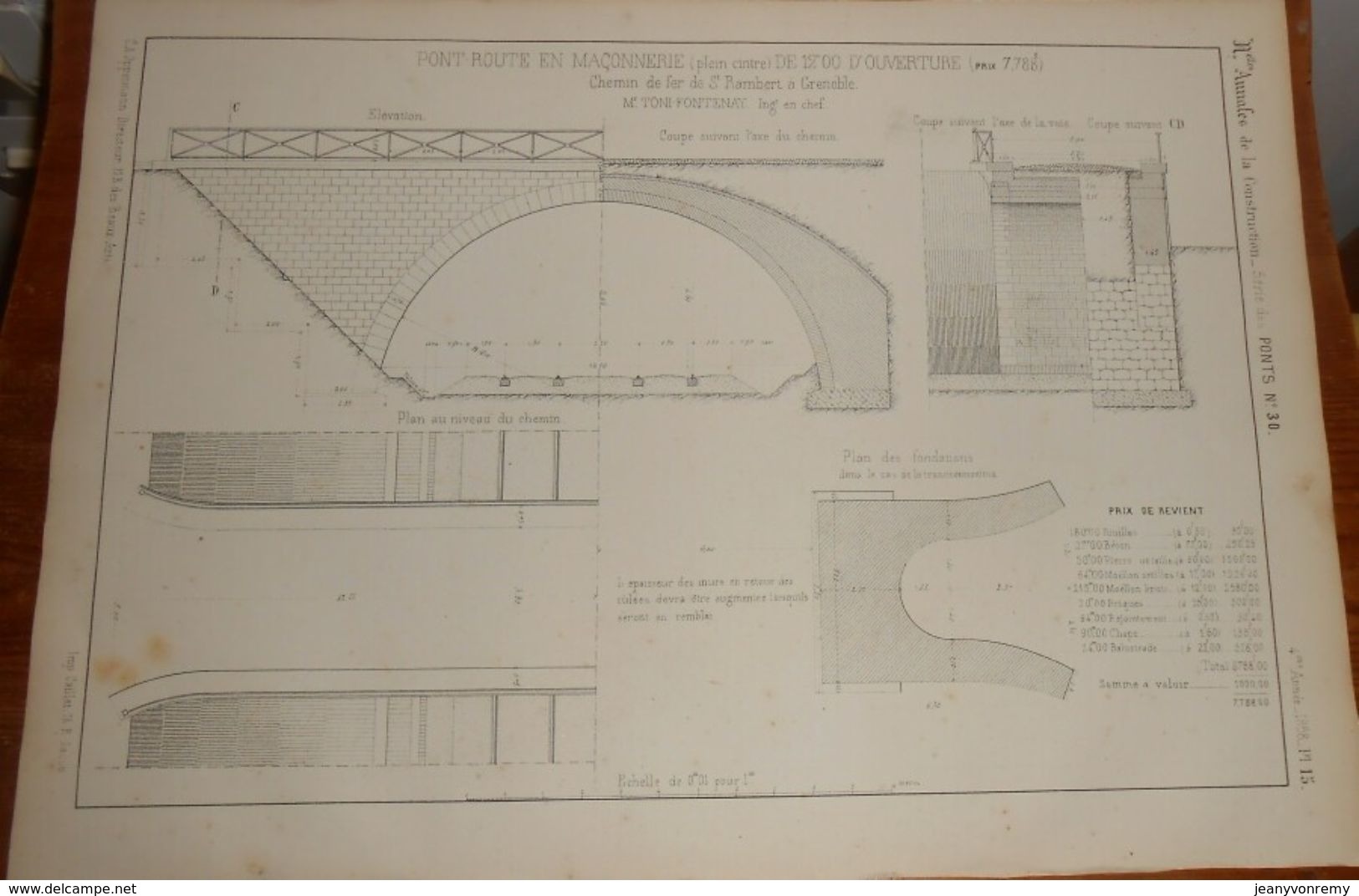 Plan D'un Pont Route En Maçonnerie De 12 M D'ouverture. Chemin De Fer De Saint Rambert à Grenoble. 1858 - Opere Pubbliche