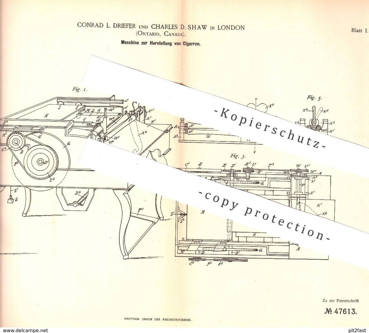 Original Patent - Conrad L. Driefer , Charles D. Shaw , London , Ontario , Kanada , 1888 , Herst. Von Zigarre , Zigarren - Historische Dokumente