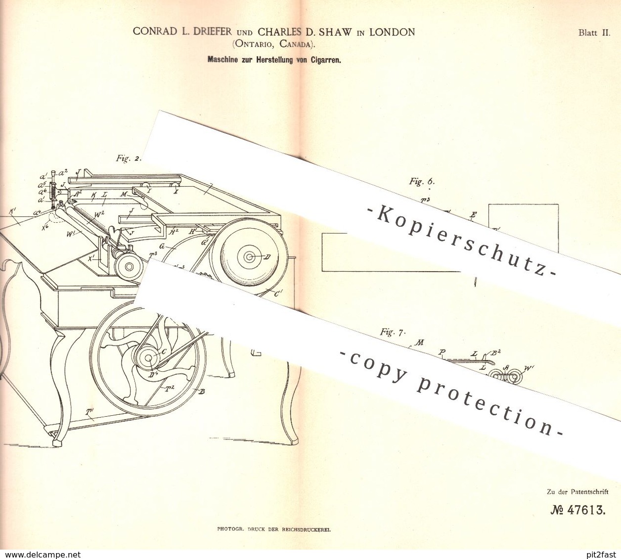 Original Patent - Conrad L. Driefer , Charles D. Shaw , London , Ontario , Kanada , 1888 , Herst. Von Zigarre , Zigarren - Historische Dokumente