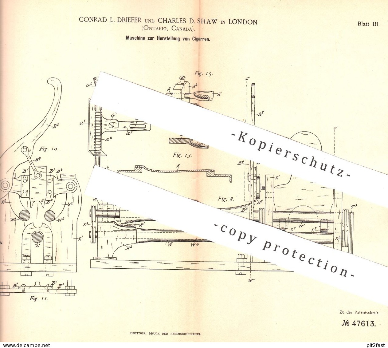 Original Patent - Conrad L. Driefer , Charles D. Shaw , London , Ontario , Kanada , 1888 , Herst. Von Zigarre , Zigarren - Historische Dokumente