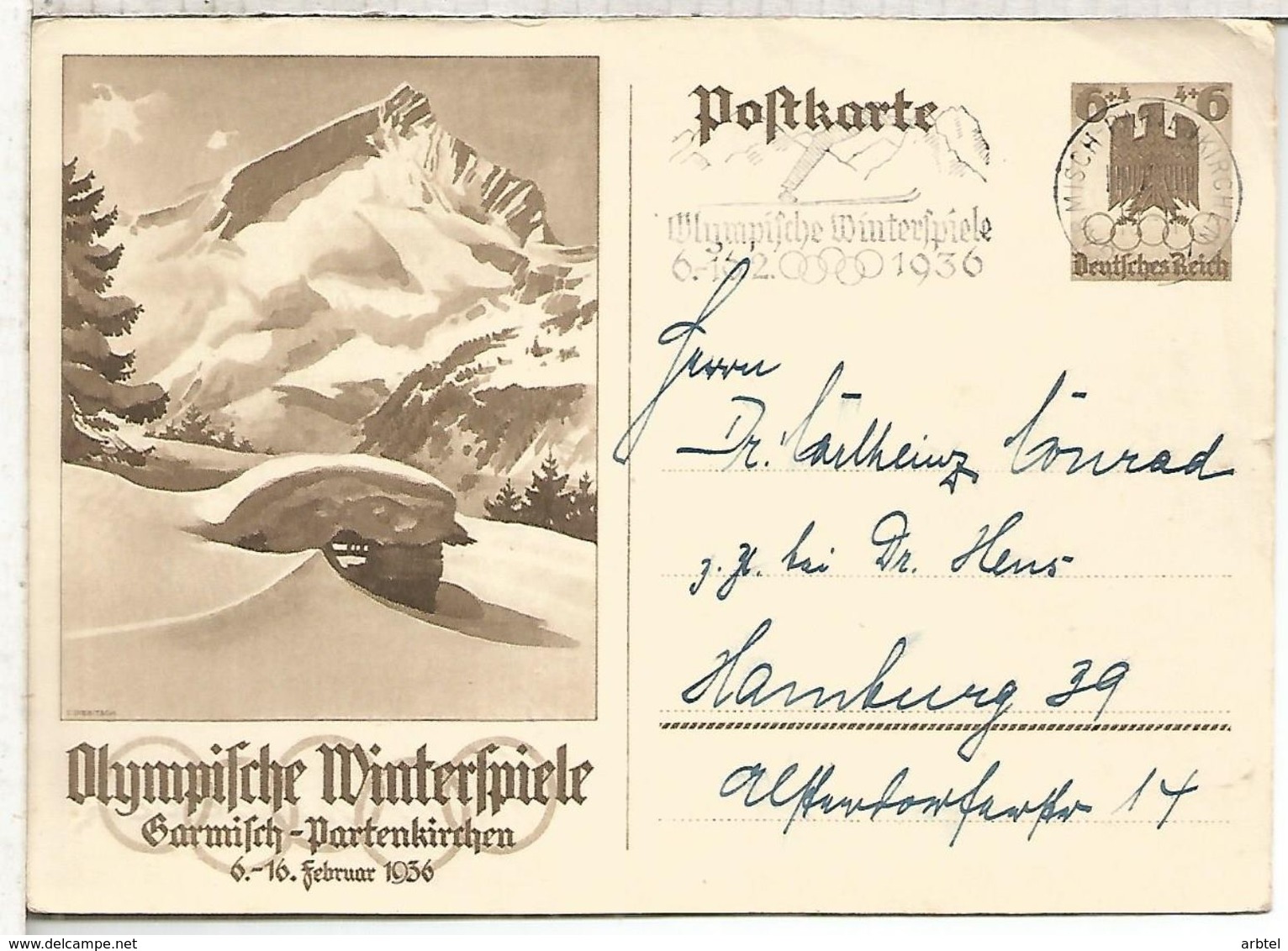 ALEMANIA REICH ENTERO POSTAL CON MAT RODILLO JUEGOS OLIMPICOS DE INVIERNO GARMISCH PARTENKIRCHEN - Winter 1936: Garmisch-Partenkirchen