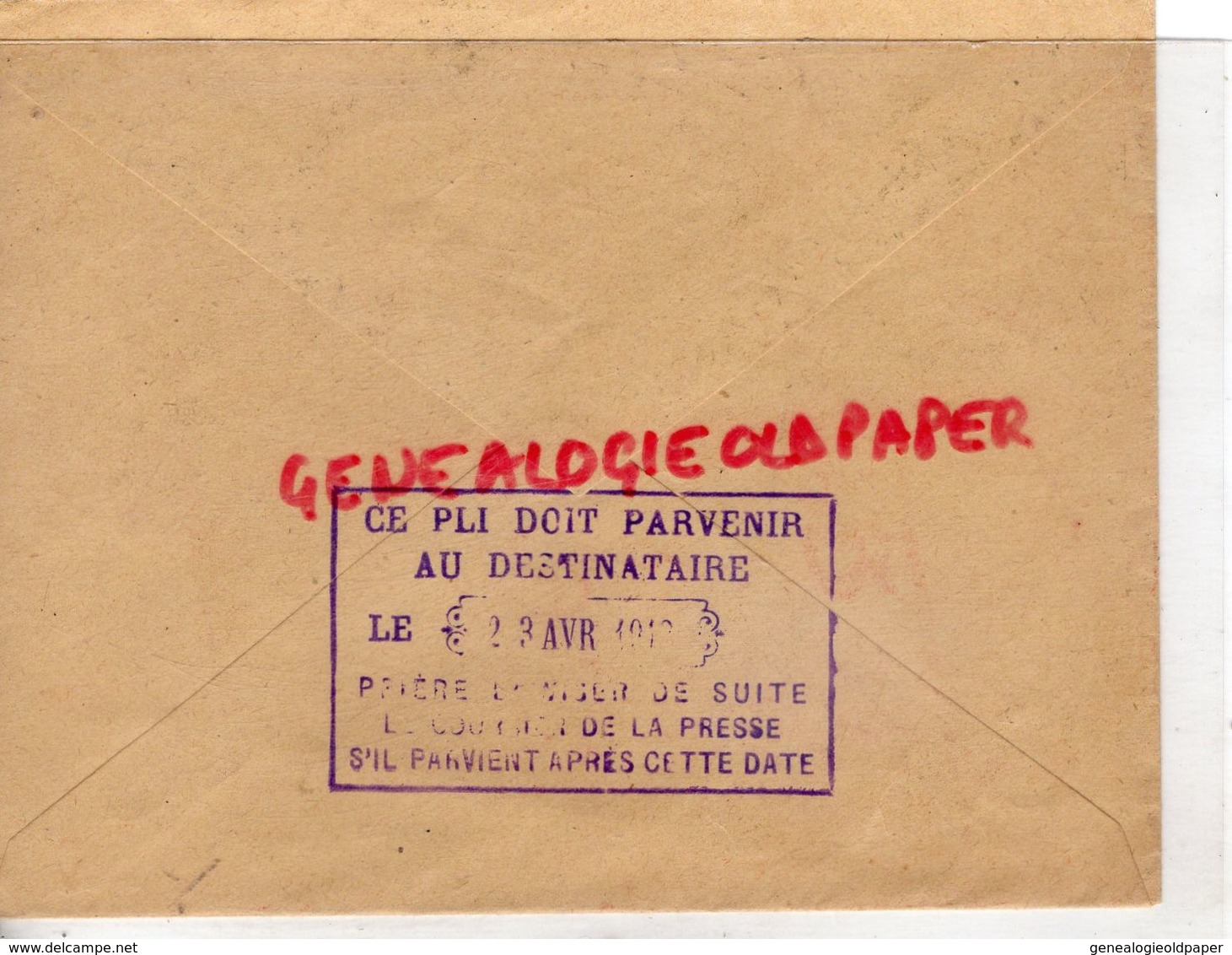 75- PARIS- ENVELOPPE LE COURRIER DE LA PRESSE-A. GALLOIS & CH. DEMOGEOT-21 BD. MONTMARTRE- 1912- IMPRIMERIE LE FIGARO - Printing & Stationeries