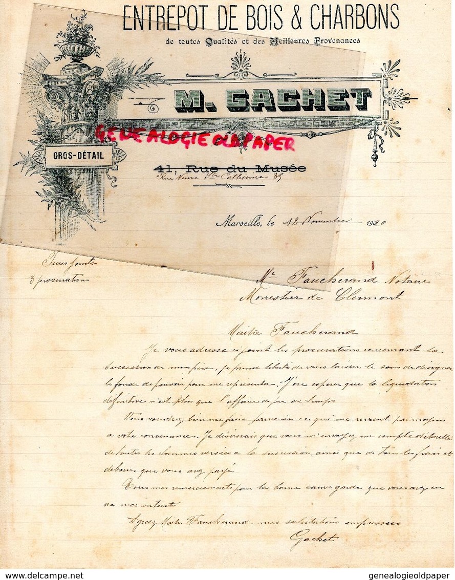 13- MARSEILLE- RARE LETTRE MANUSCRITE SIGNEE M. GACHET-ENTREPOT BOIS CHARBONS-41 RUE DU MUSEE-35 RUE NEUVE STE CATHERINE - Old Professions