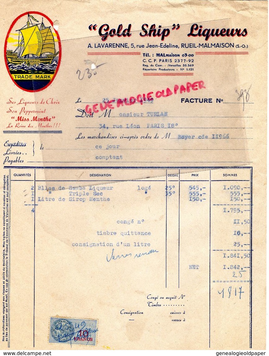 92- RUEIL MALMAISON- RARE FACTURE GOLD SHIP LIQUEURS-A. LAVARENNE-5 RUE JEAN EDELINE-1949 MISS MENTHE-PEPPERMINT - - Straßenhandel Und Kleingewerbe