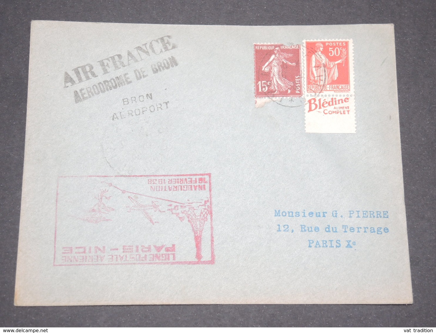 FRANCE - Enveloppe Par Avion De L 'Aéroport De Bron Pour Paris En 1938 - L 13282 - Oblitérations Mécaniques (flammes)