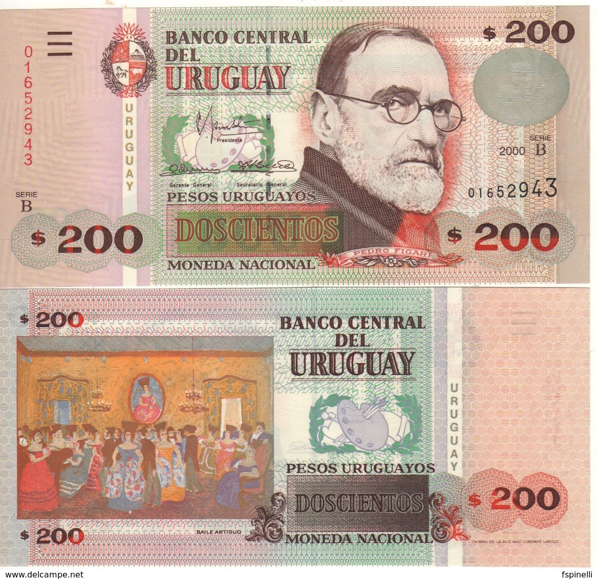 URUGUAY   200 Pesos Uruguayos P77b    Dated  Year  2000  Serie B UNC - Uruguay