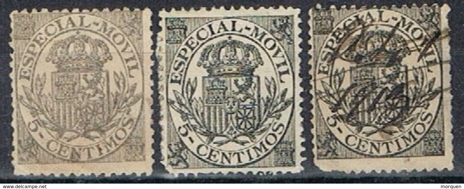 Tres 5 Cts Especial Movil, Fiscal Postal, Monarquico, VARIEDAD Color Y Papel, Num 24 */º - Postage-Revenue Stamps