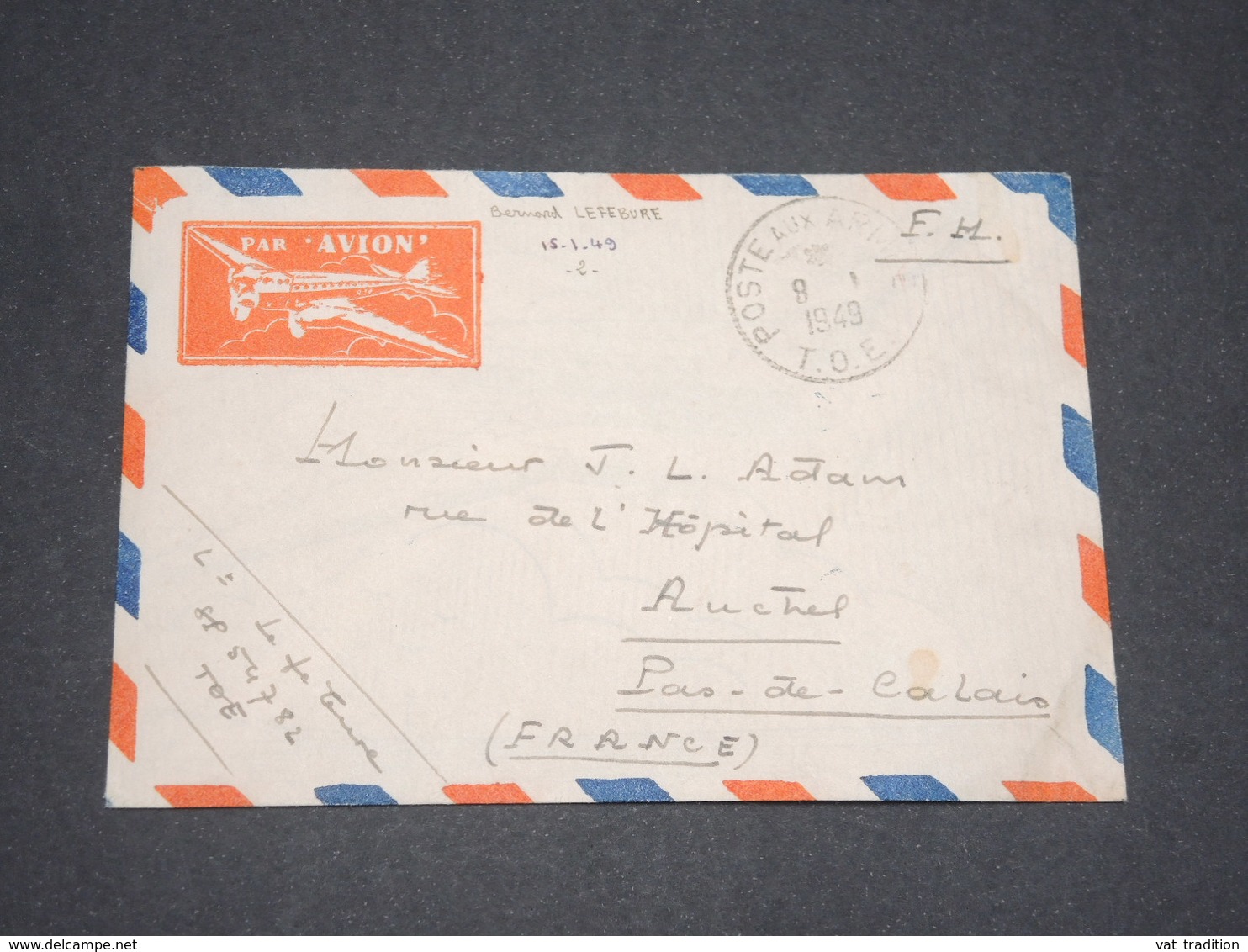 FRANCE - Enveloppe En FM Par Avion Du Secteur Postal 54782 En 1949 Pour La France - L 13291 - Cachets Militaires A Partir De 1900 (hors Guerres)