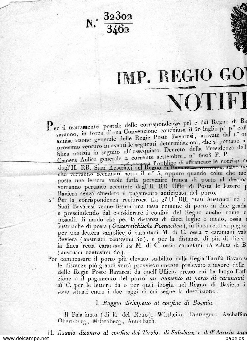 REGIO GOVERNO DI MILANO TASSA PER LA CORRISPONDENZA TRA AUSTRIA  E LA BAVIERA - Decreti & Leggi