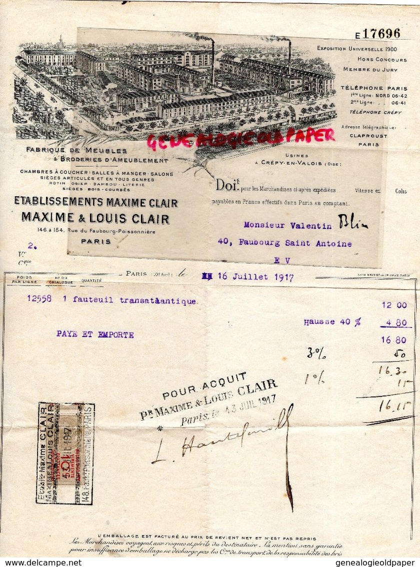 60-CREPY EN VALOIS-PARIS-BELLE FCTURE MAXIME & LOUIS CLAIR-FABRIQUE MEUBLES-BRODERIE ORNEMENT- 146 FG POISSONNIERE-1917 - Petits Métiers