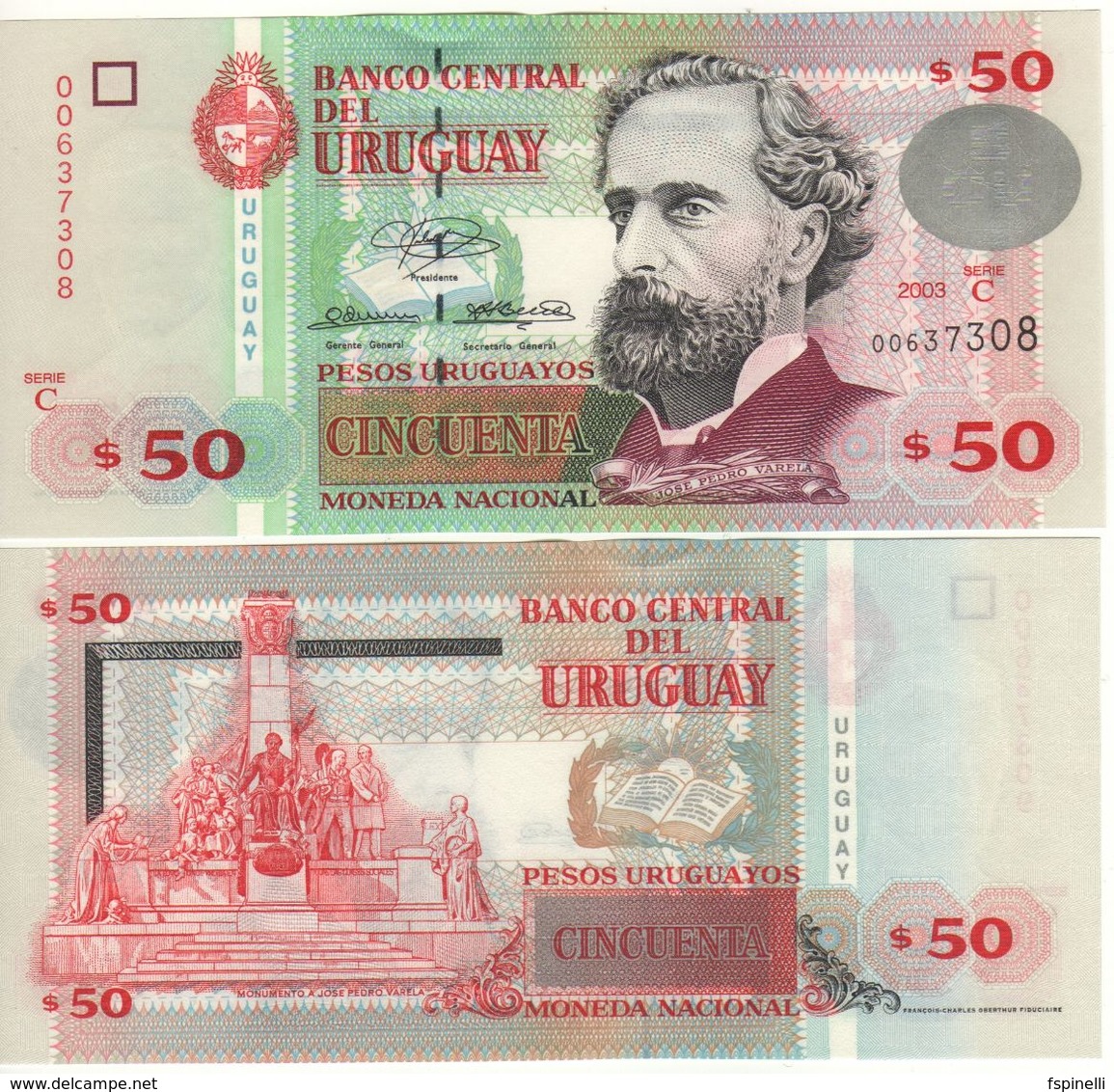 URUGUAY  50 Pesos Uruguayos P84     Serie  C  Dated 2003   UNC - Uruguay