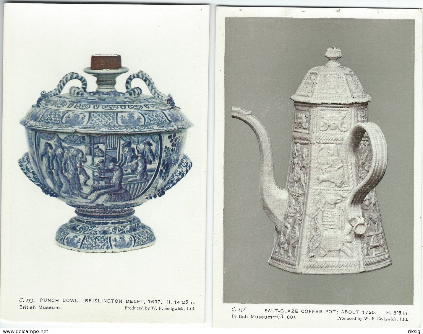 Salt-Glazed Coffe Pot & Punch Bowl.  . British Museum. 2 Cards.  S-4205 - Other & Unclassified