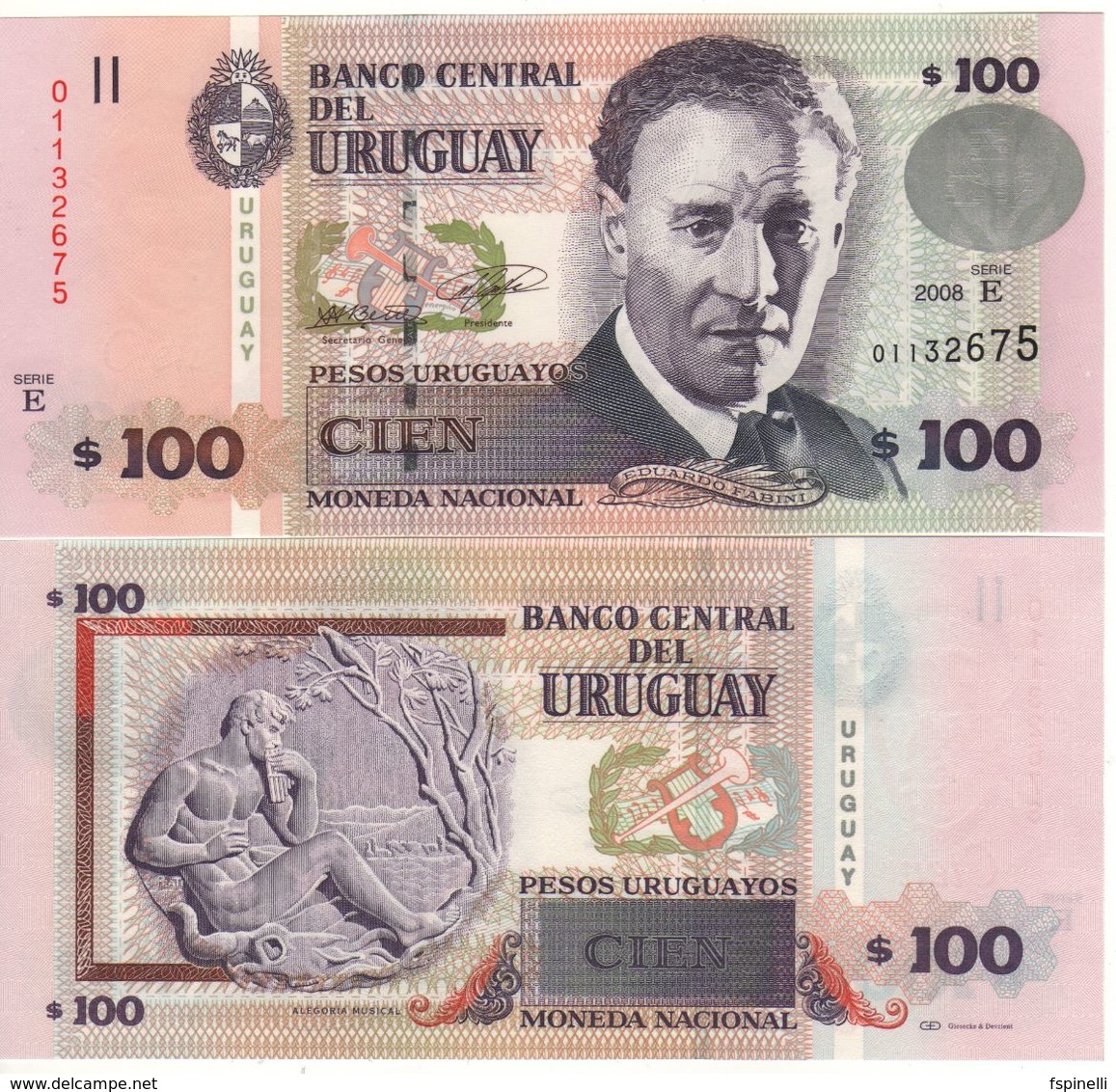URUGUAY  100 Pesos Uruguayos P88a   Serie E  Dated 2008   UNC - Uruguay
