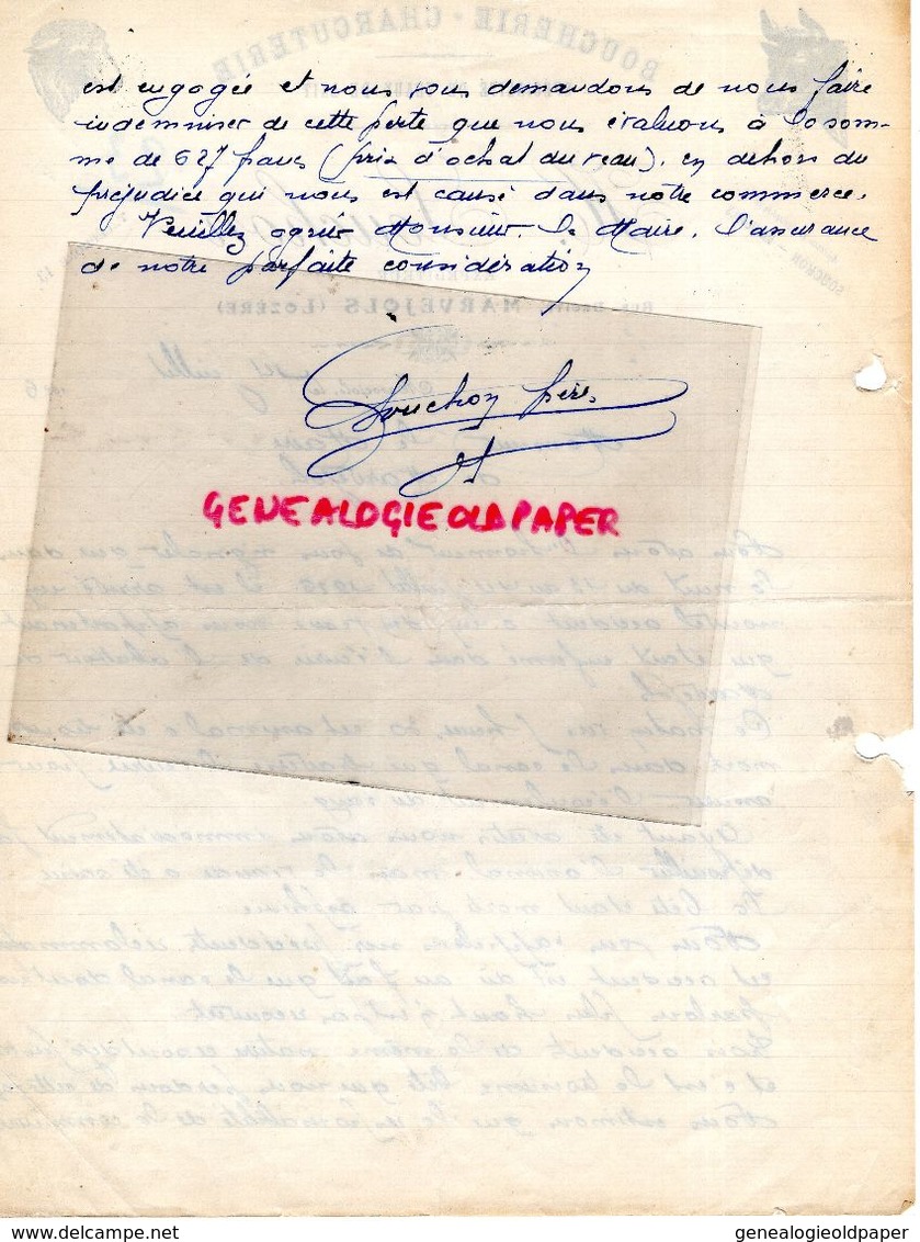 48- MARVEJOLS- RARE LETTRE MANUSCRITE SIGNEE H. SOUCHON-BOUCHERIE CHARCUTERIE-RUE DROITE-BOUCHER CHARCUTIER-1926 - Petits Métiers