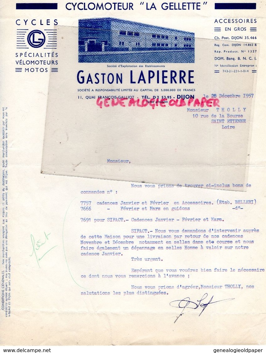 21- DIJON- RARE LETTRE SIGNEE GASTON LAPIERRE -CYCLOMOTEUR LA GELLETTE-VELO MOTO -VELOMOTEUR-11 QUAI FRANCOIS GALLIOT- - Cars