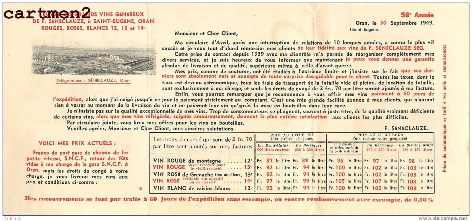 PUBLICITE SENECLAUZE VIN D'ALGERIE VITICULTURE VENDANGE SAINT-EUGENE ORAN TARIF VITICULTEUR NEGOCIANT PRESSOIR TONNEAUX - Publicités