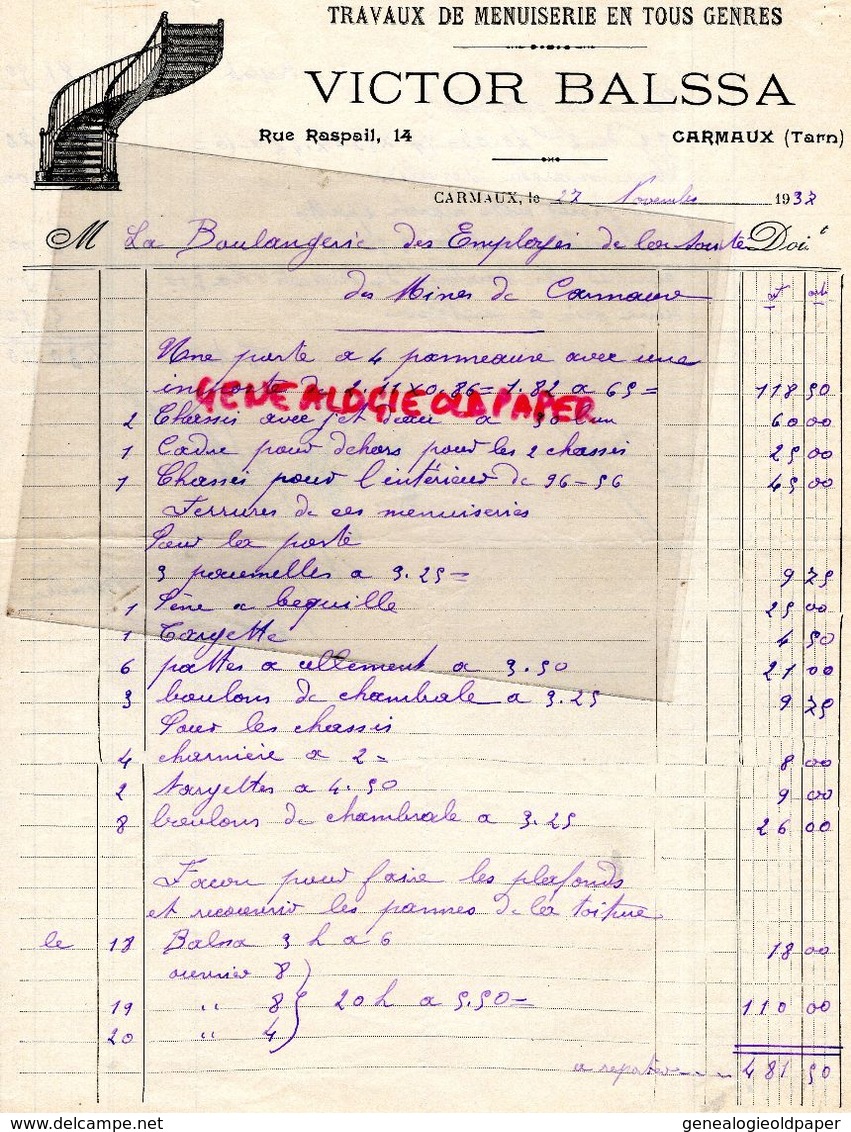 81- CARMAUX- RARE FACTURE MANUSCRITE SIGNEE VICTOR BALSSA- MENUISERIE -MENUISIER-14 RUE RASPAIL- 1937 - Petits Métiers