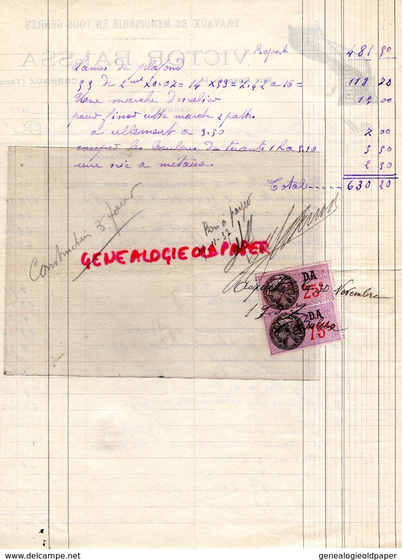 81- CARMAUX- RARE FACTURE MANUSCRITE SIGNEE VICTOR BALSSA- MENUISERIE -MENUISIER-14 RUE RASPAIL- 1937 - Straßenhandel Und Kleingewerbe