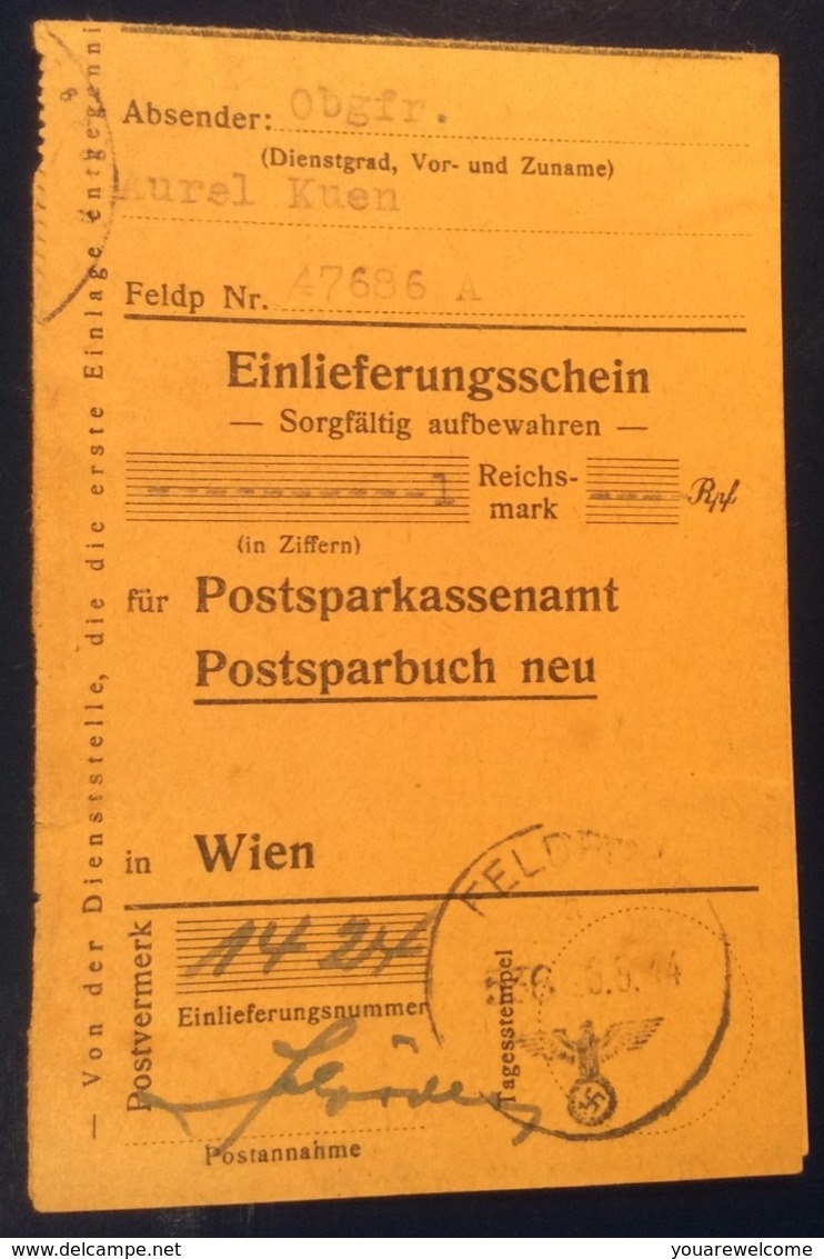 FELDPOST 536 / 1944 Einlieferungsschein Für Postsparbuch 1Rm (Österreich Geld  Bank Post Brief Postanweisung - Briefe U. Dokumente