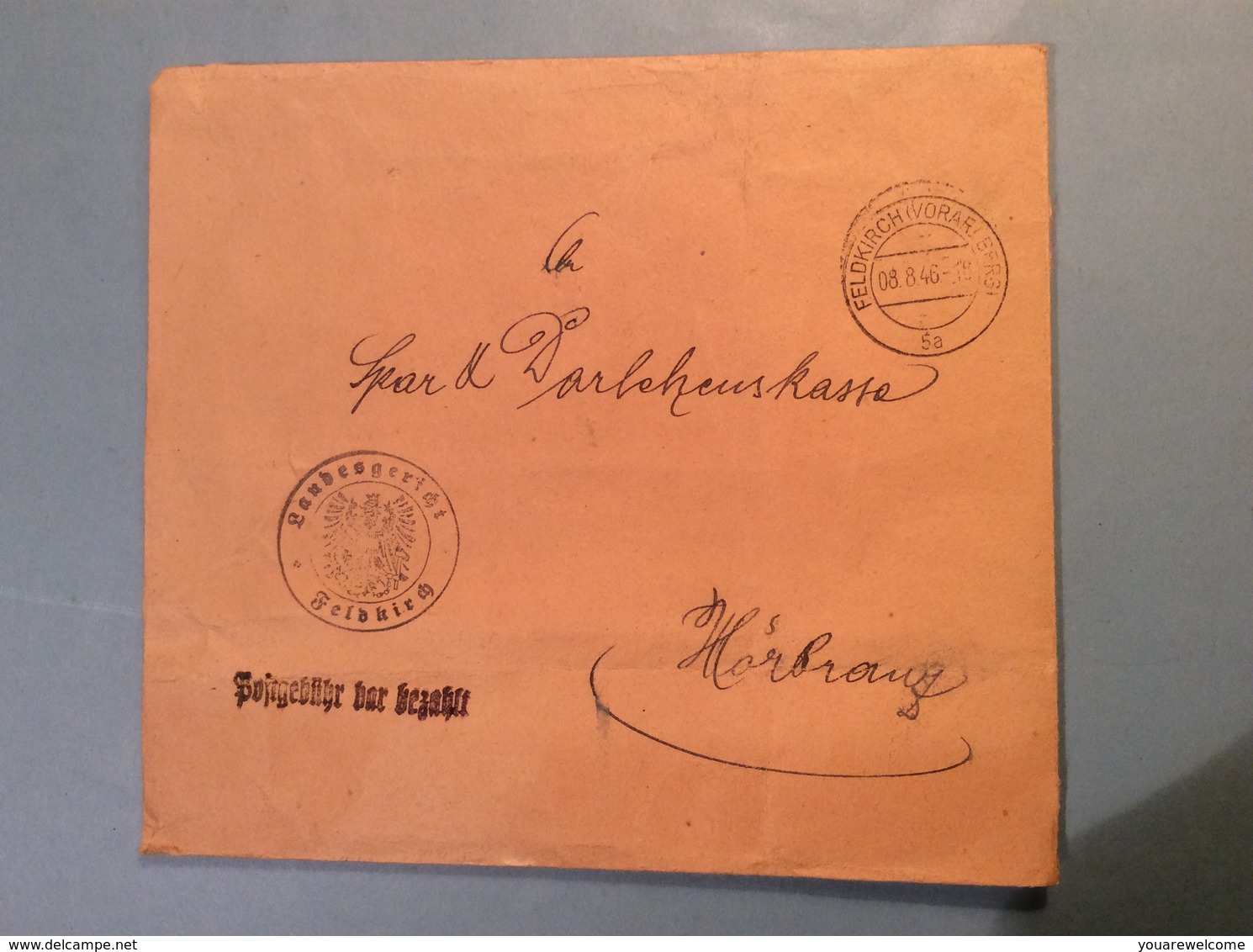 DT REICH Umschlag Wiederverwendet FELDKIRCH VORARLBERG 8.8.1946 „POSTGEBÜHR BAR BEZAHLT“ Brief Umschlag (Österreich - Briefe U. Dokumente