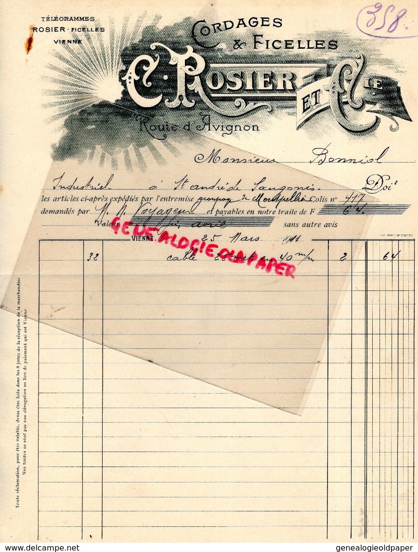 38- VIENNE- FACTURE C. ROSIER- CORDAGES FICELLES-CABLE-ROUTE D' AVIGNON- CORDE- 1911 - Old Professions