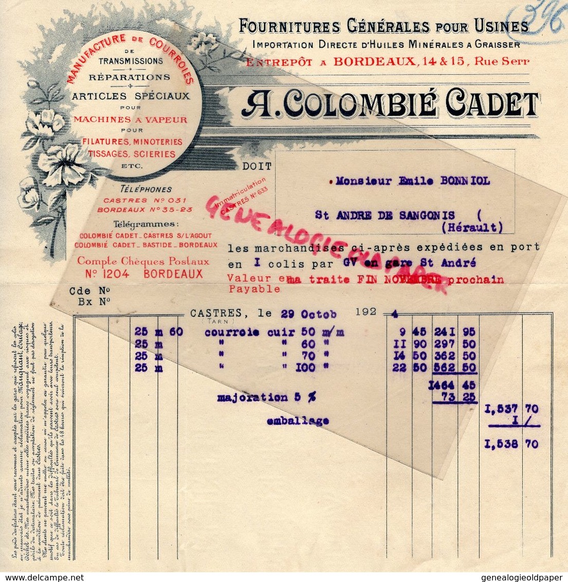 81- CASTRES- BORDEAUX-FACTURE A. COLOMBIE CADET- MANUFACTURE COURROIES-MACHINES VAPEUR-MINOTERIE-FILATURE-1924 - Old Professions