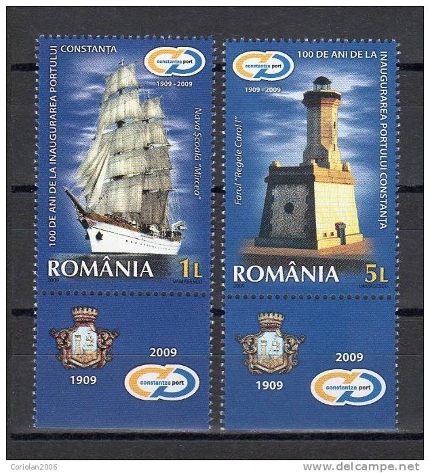 Romania 2009 / Constanta Harbour - 100 Years Since The Inauguration Tabs 1 / "Mircea" Ship, "King Carol I" Lighthouse - Lighthouses