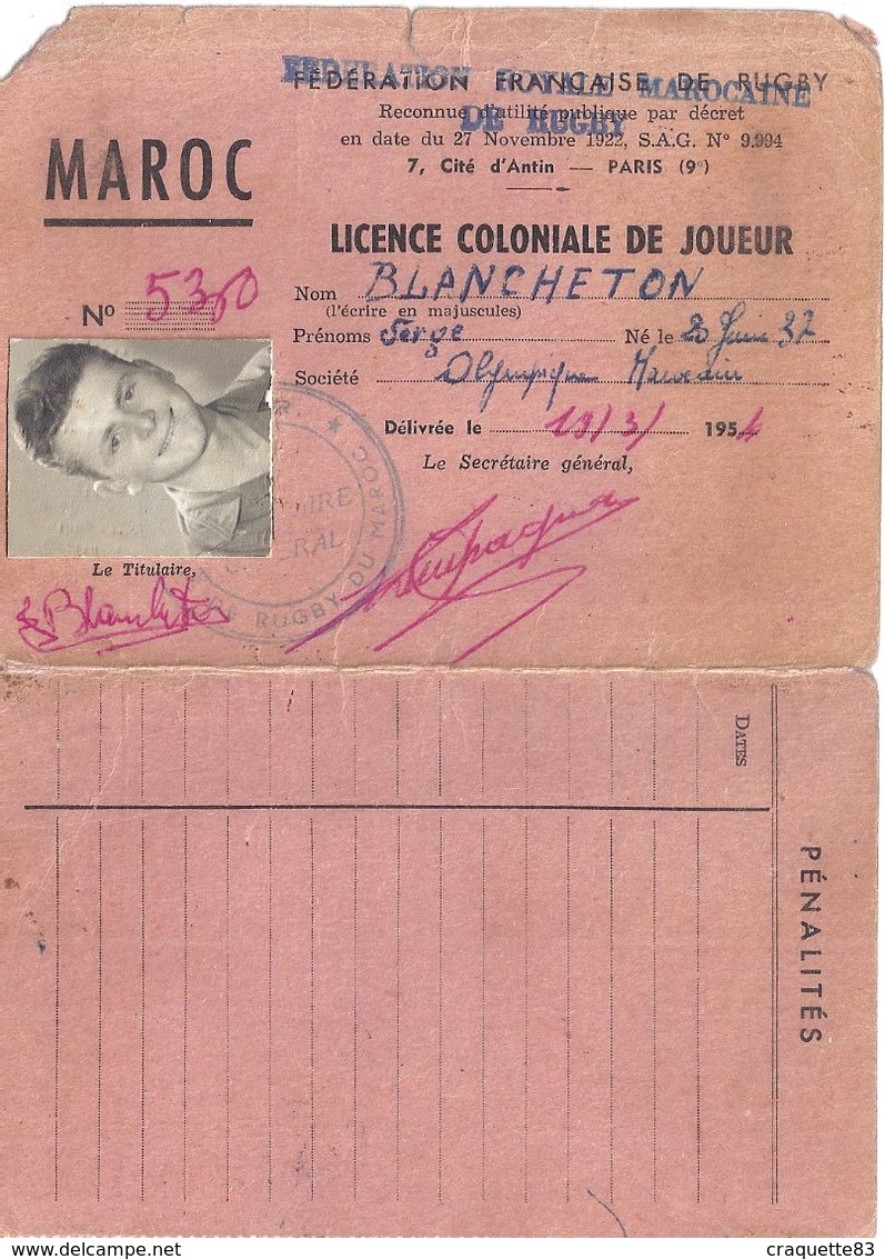 FEDERATION ROYALE MAROCAINE DE RUGBY -LICENCE COLONIALE DE JOUEUR-MAROC N°5360 19/3/1954 - Autres & Non Classés