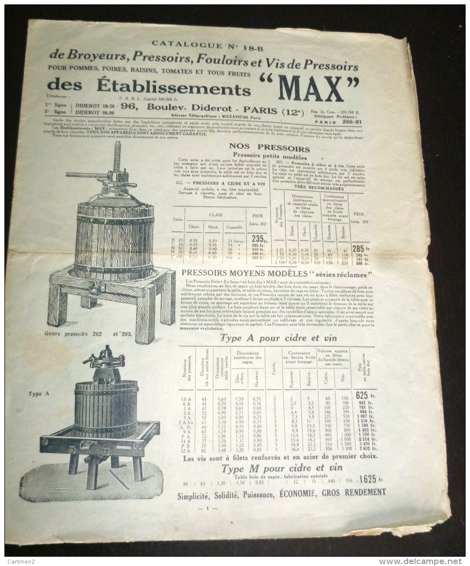 CATALOGUE PRESSOIRS FOULOIRS MATERIEL VITICULTURE ETABLISSEMENTS MAX BOULEVARD DIDEROT PARIS VENDANGE OENOLOGIE - Agricoltura