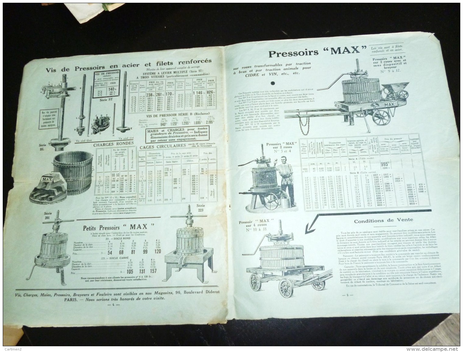 CATALOGUE PRESSOIRS FOULOIRS MATERIEL VITICULTURE ETABLISSEMENTS MAX BOULEVARD DIDEROT PARIS VENDANGE OENOLOGIE - Agricoltura