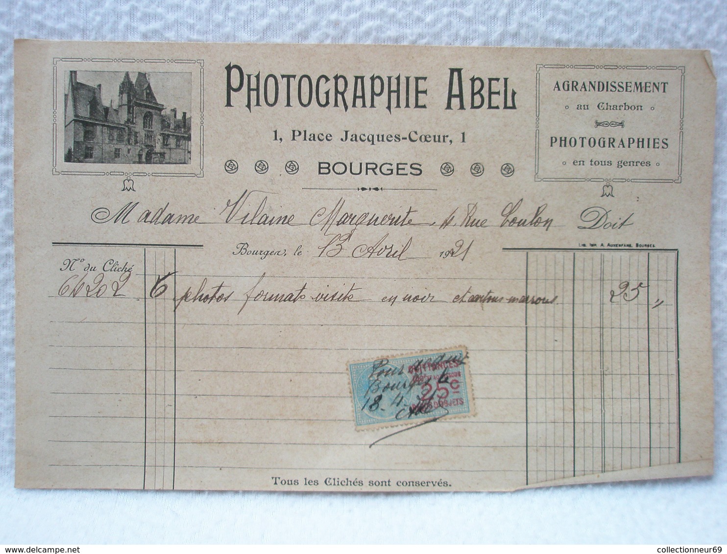 Photographe ABEL à Bourges / Agrandissement / Photographies Quittance Avec Timbre Fiscal 6 Photos Formats Visite 1921 - 1900 – 1949