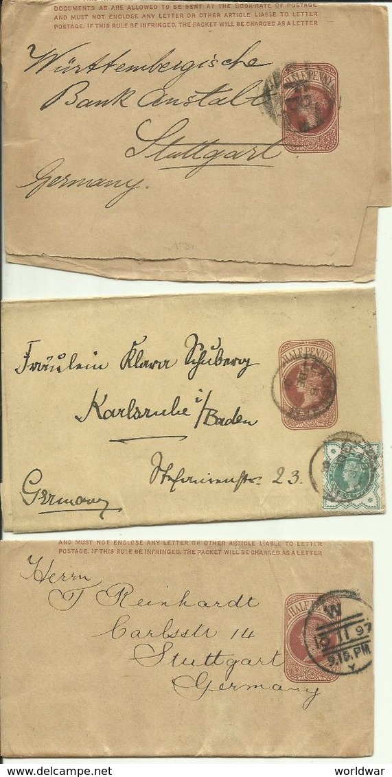 1897  3 Wrappers Half Penny Brown To Stuttgart & Karlsruhe, Germany - Stamped Stationery, Airletters & Aerogrammes