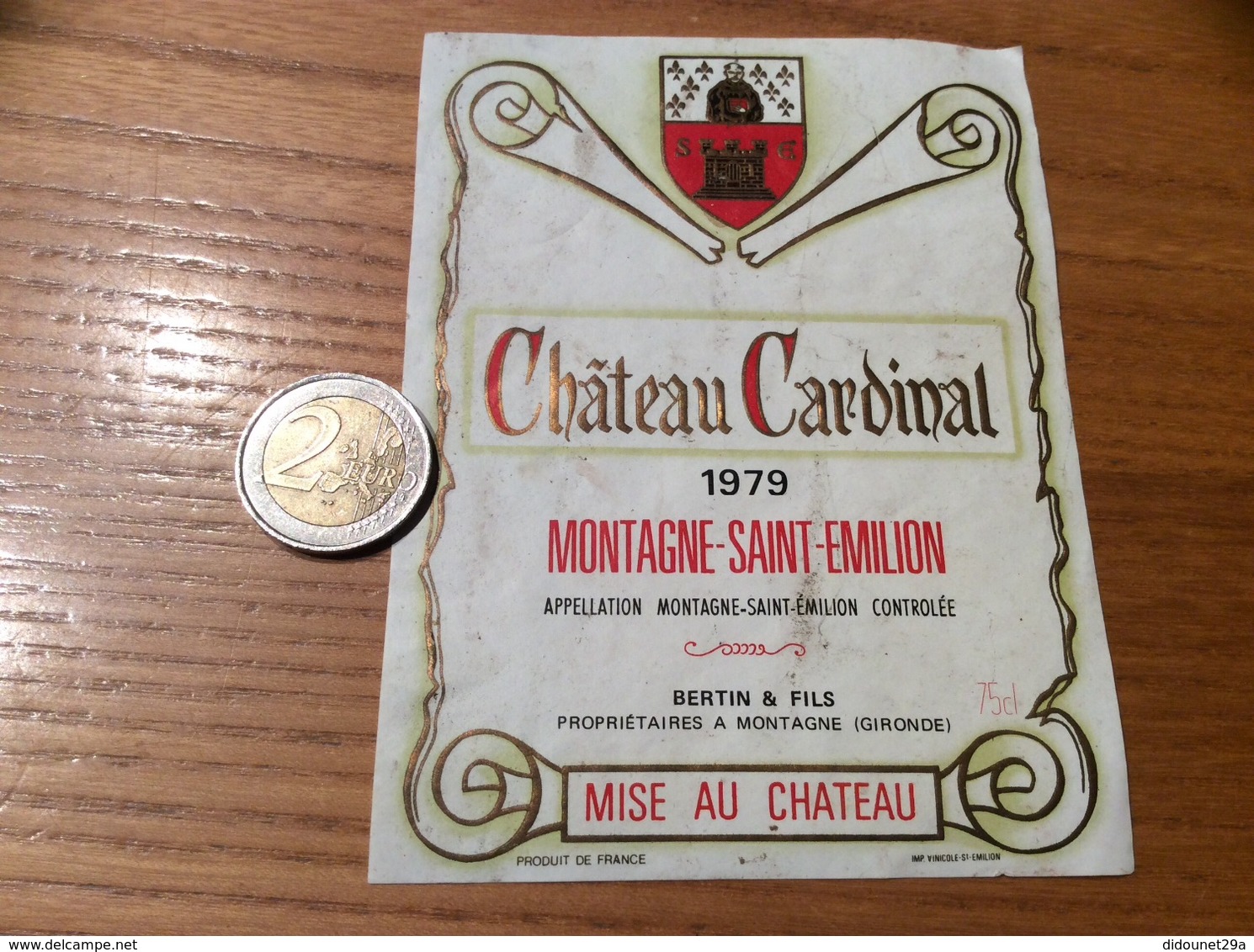 Etiquette De Vin « MONTAGNE SAINT EMILION - Château Cardinal - BERTIN & FILS (33) » 1979 - Bordeaux