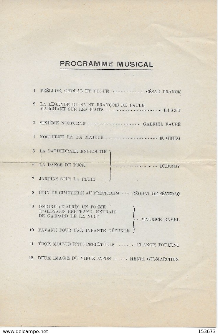 Programme CONFERENCE-CONCERT : HENRI GIL-MARCHEX à KYOTO 23/11/1937 à L'Institut Franco-Japonais Higashi Ichijô, Yoshida - Programmes