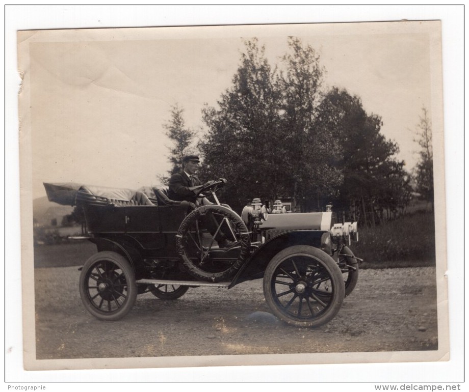 Chauffeur Dans Son Vieux Tacot Automobile Decapotable Ancienne Photo Amateur 1910's - Automobiles