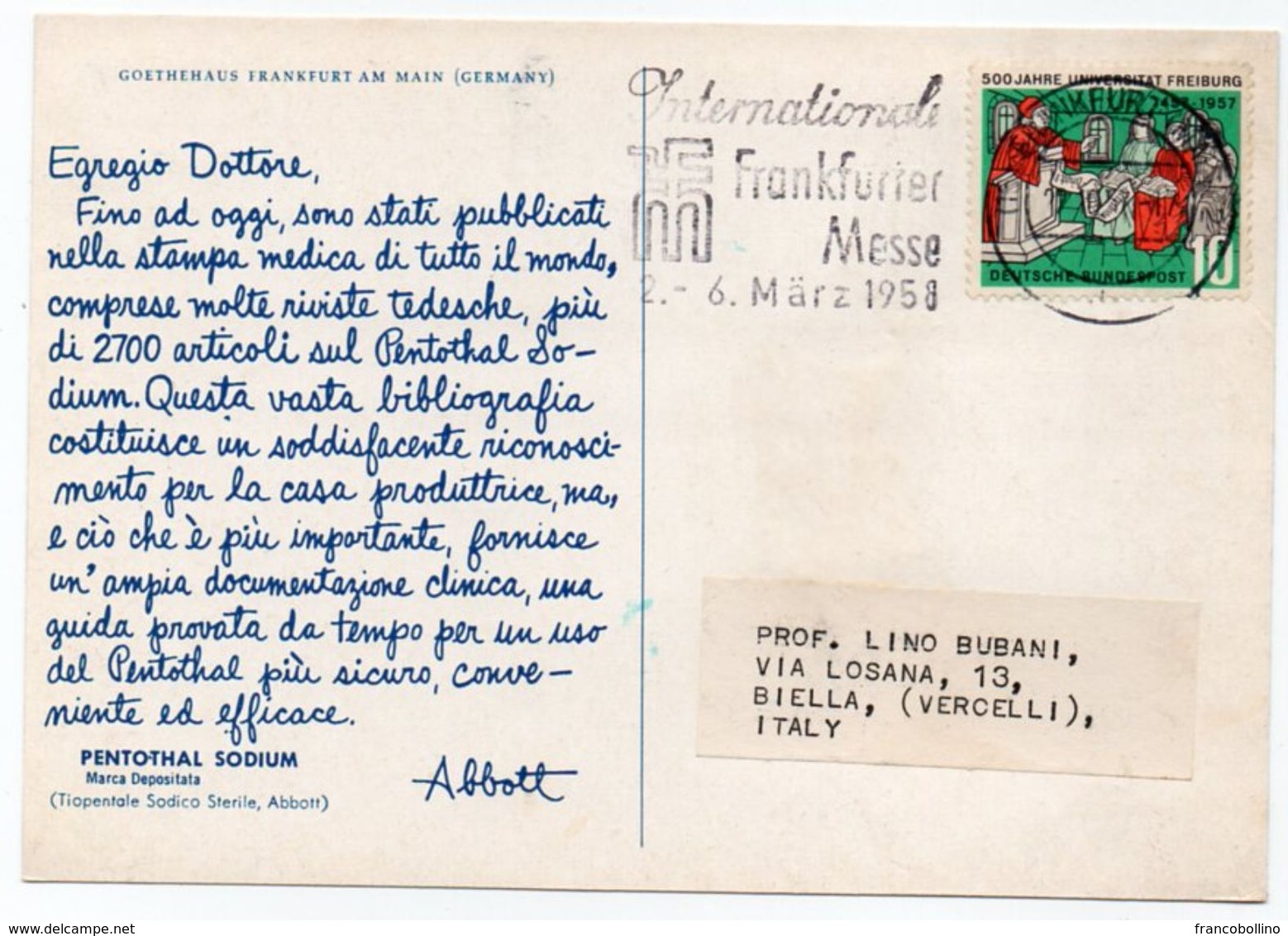 DEAR DOCTOR TYPE PUBL. PENTOTHAL SODIUM / ABBOTT - GERMANY GOETHEHAUS FRANKFURT AM MAIN - Salute