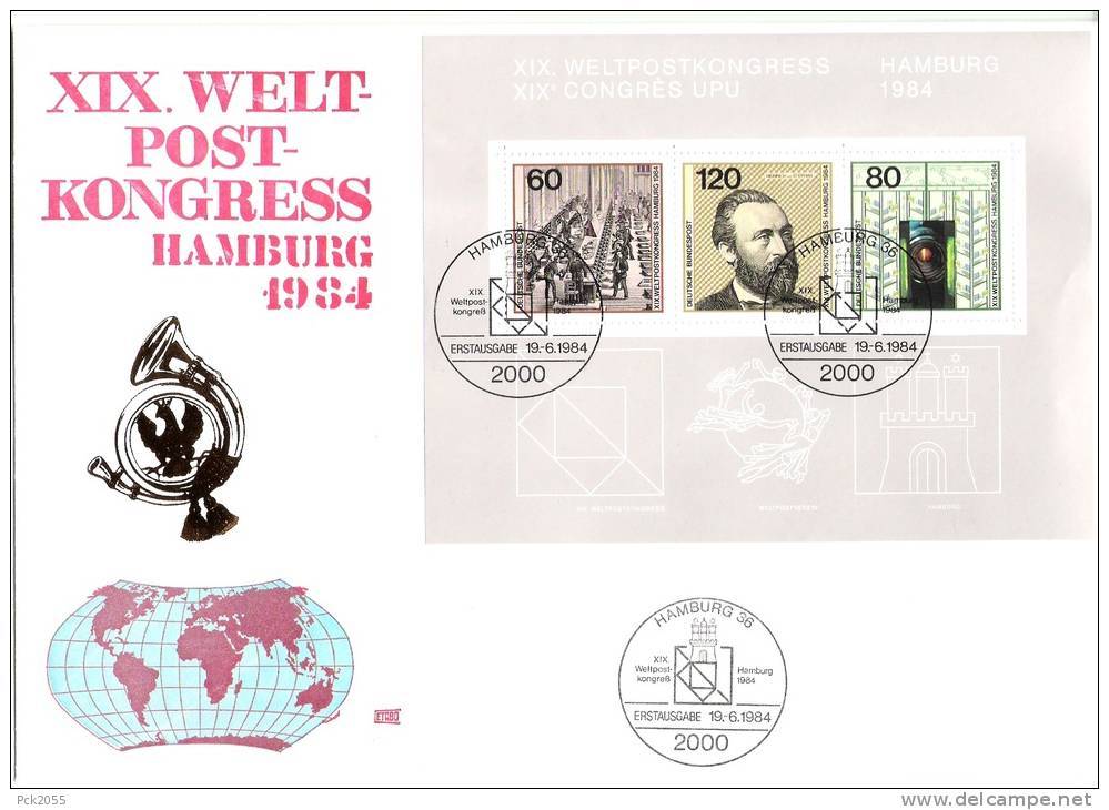 BRD FDC 1984 Nr.1215 - 1217 Block 19 Weltpostkongress Hamburg ( Dg42) - 1981-1990