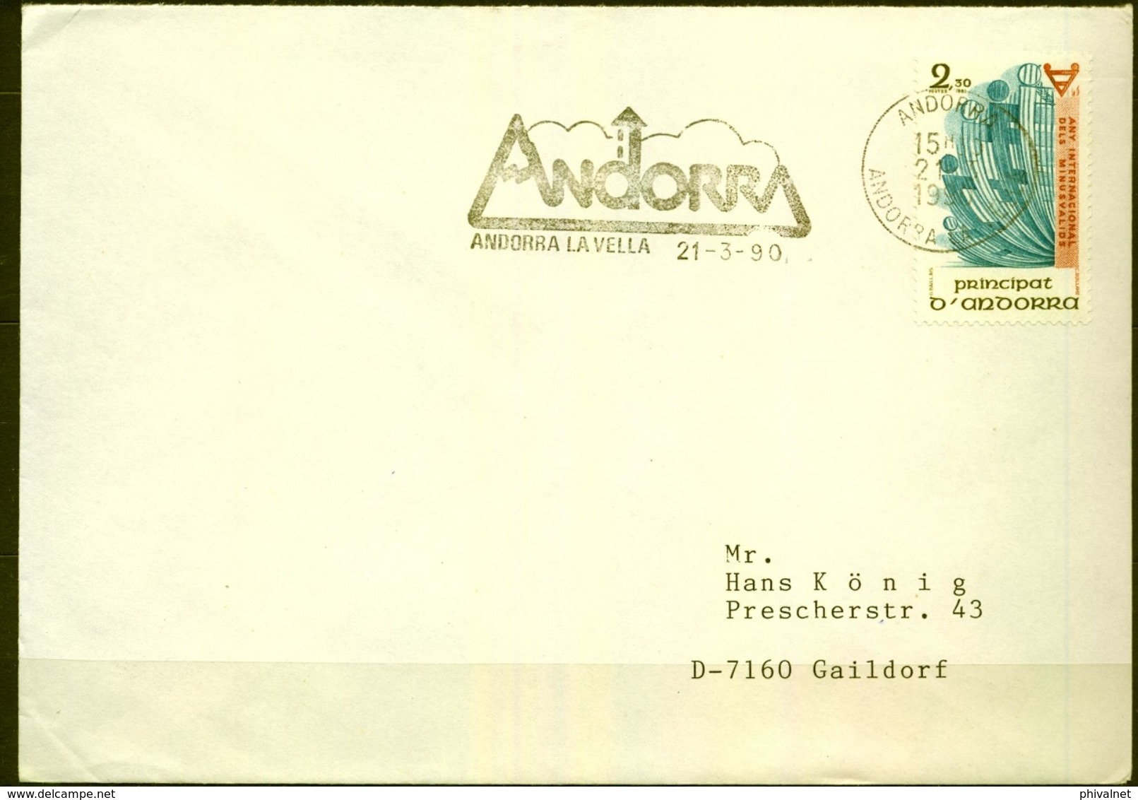 1990 , ANDORRA - CORREO FRANCÉS , SOBRE CIRCULADO ANDORRA LA VELLA - GAILDORF , ED. AÑO INT. MINUSVALIDOS - Briefe U. Dokumente