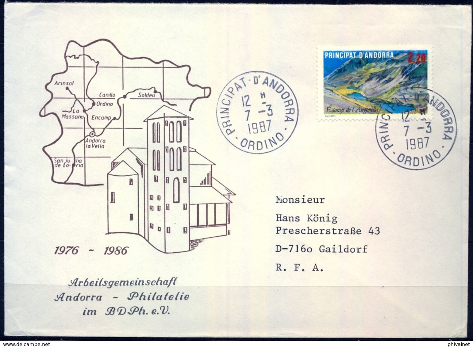 1987 , ANDORRA - CORREO FRANCÉS , SOBRE  CIRCULADO , ORDINO - GAILDORF , ED. 372 , TURISMO , LAGO DE ANGONELLA - Briefe U. Dokumente