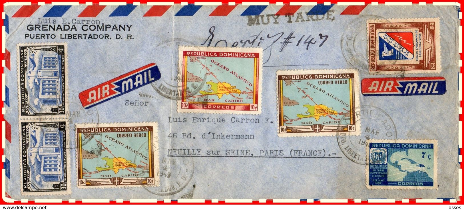 LETTRE AIR MAIL De La République Dominiçaine A Neuilly Sur Seine 1949 - Dominicaine (République)